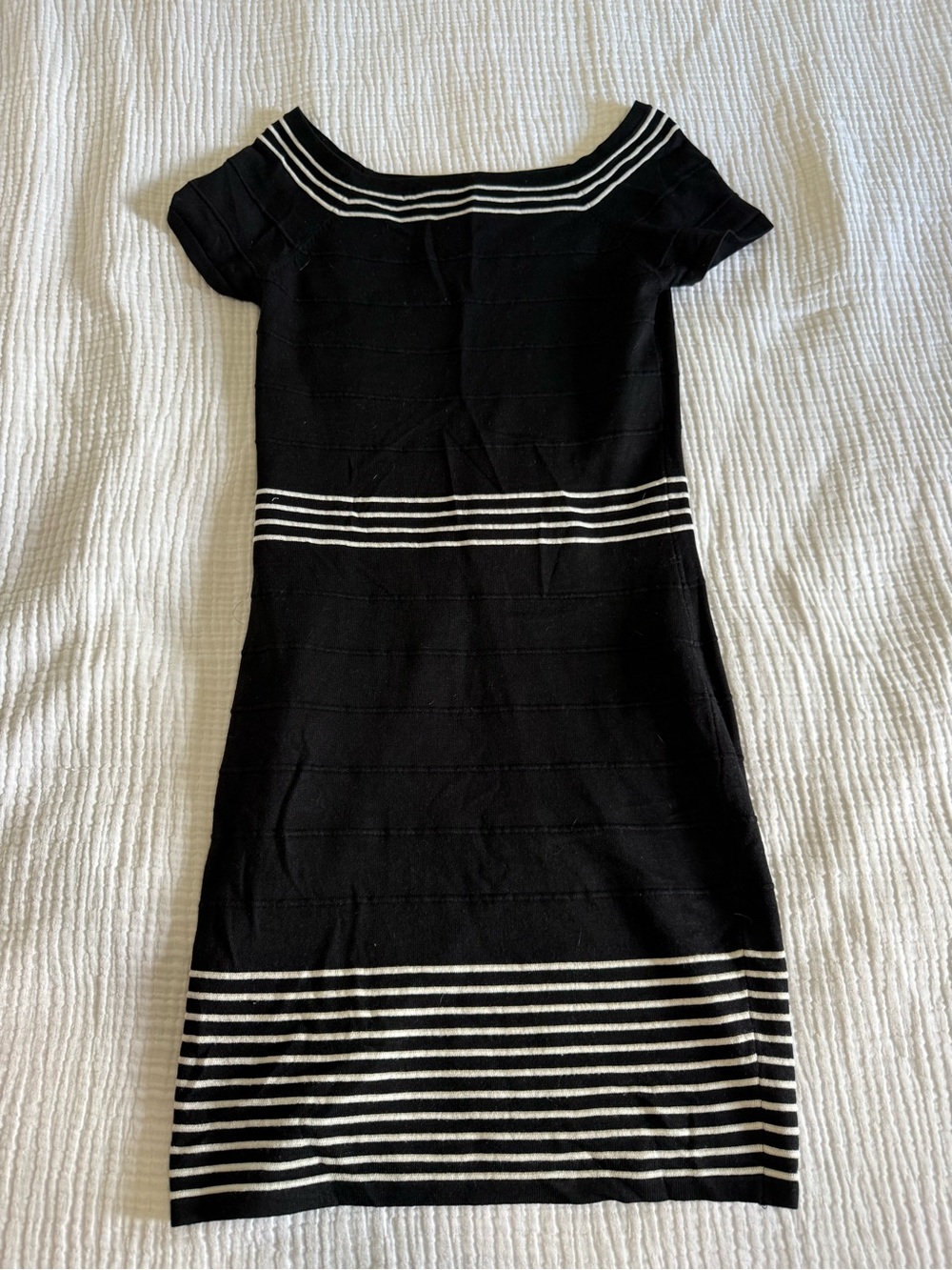 Max Studio Black and White Striped Boatneck Midi Dress